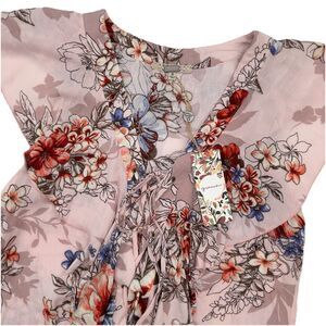 Gimmicks Buckle Floral Print Ruffle Lace Up Front Top Women's Small Pink NEW‎